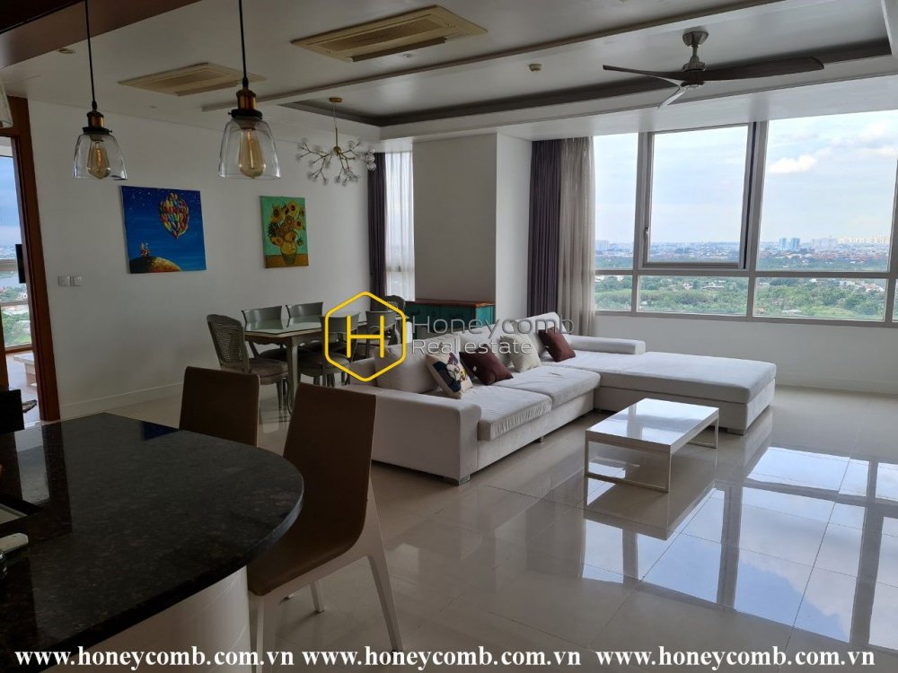 A distinctive Xi Riverview Palace apartment lies in elegant grey furniture